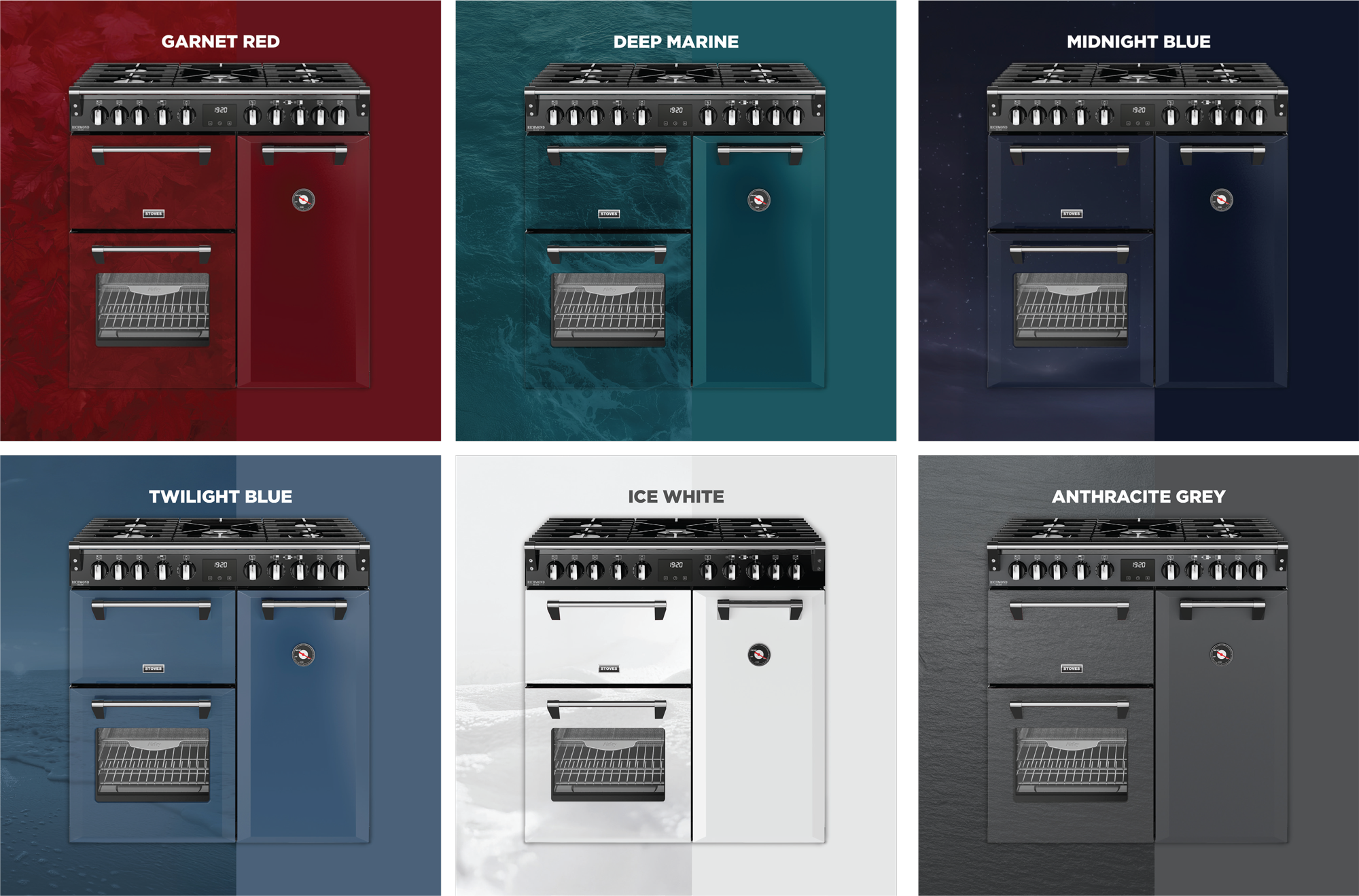 The six Stoves Colour Boutique cooker finishes
