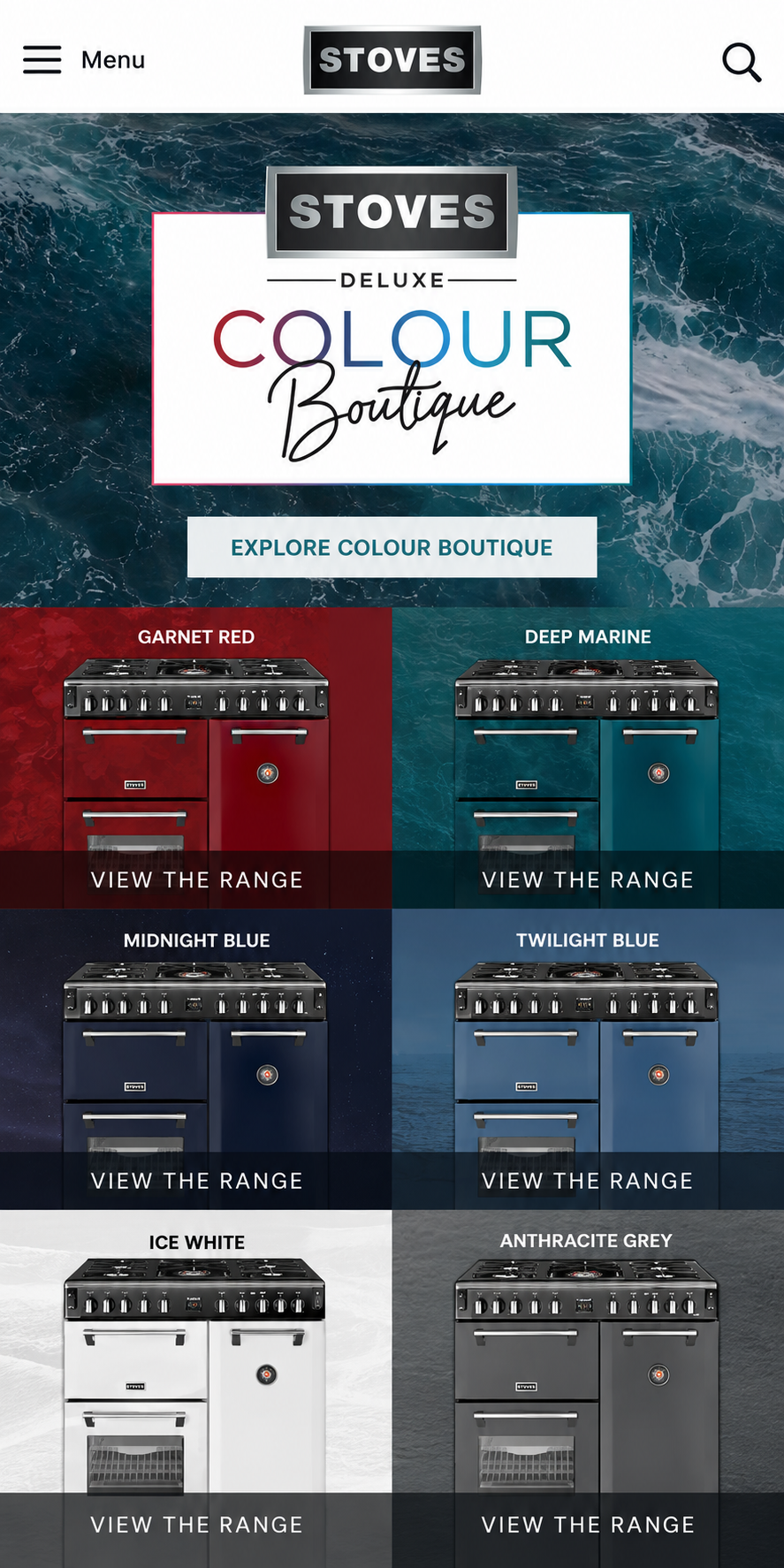 Mobile view of the Stoves Colour Boutique website