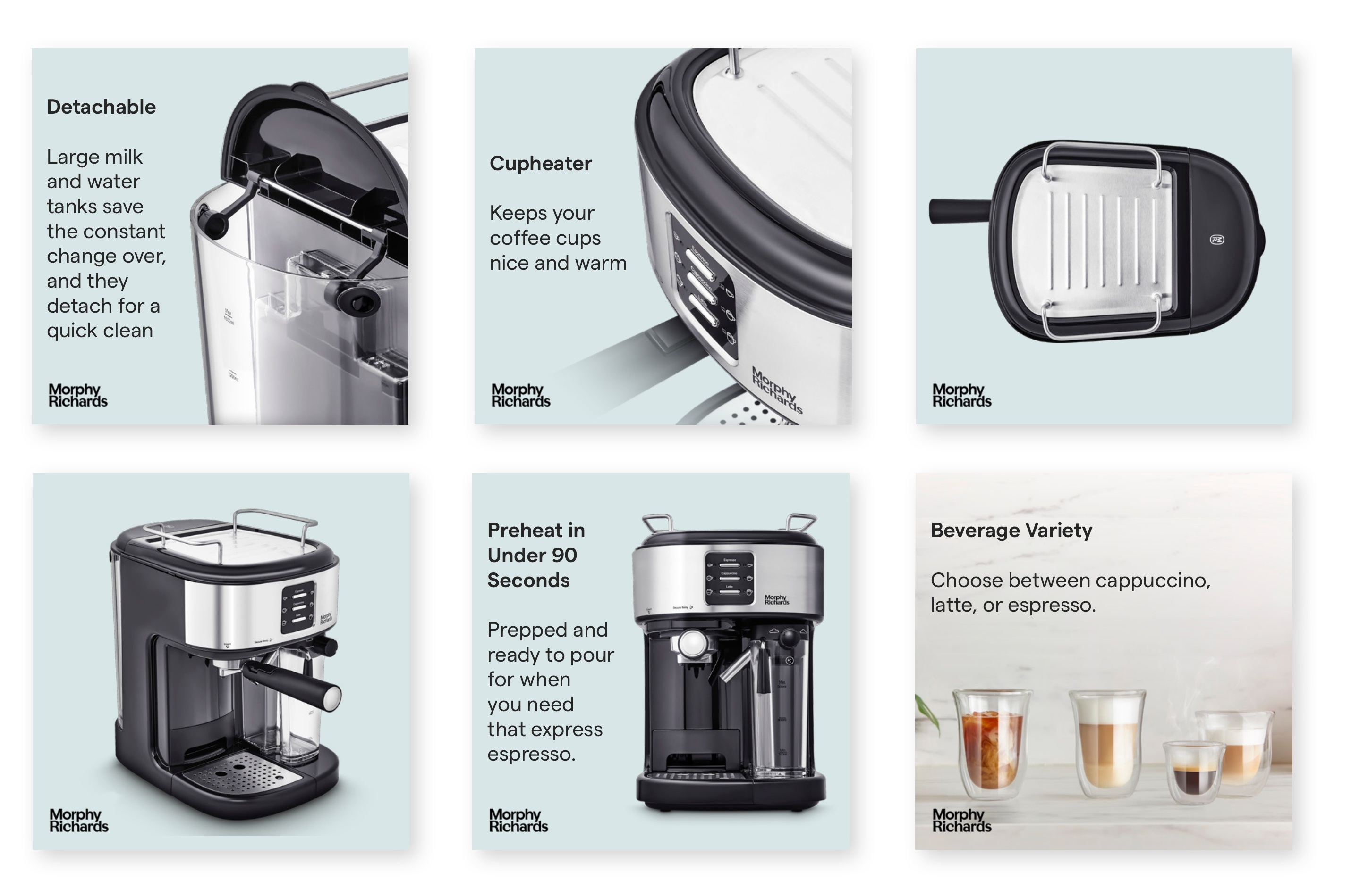 Product detail tiles explaining the espresso machine features
