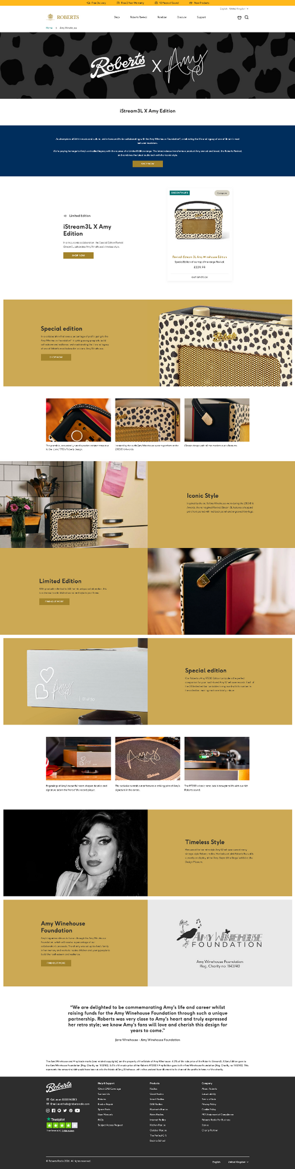Original Roberts Amy Winehouse campaign page showing the radio and RT200 turntable range