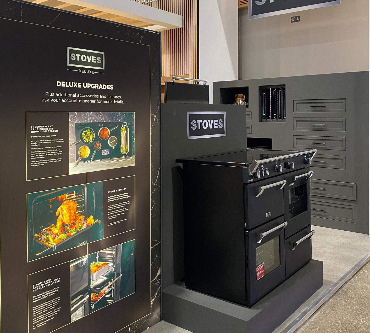 Stoves Deluxe product display within the exhibition stand