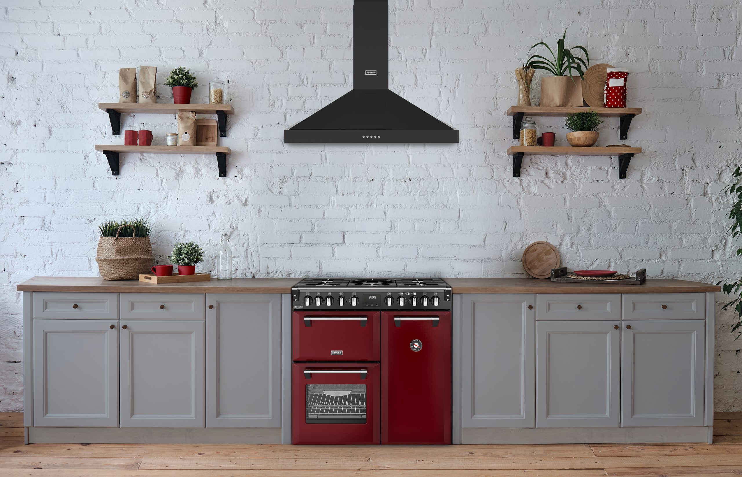 Stoves Garnet Red 90cm Colour Boutique range cooker roomset